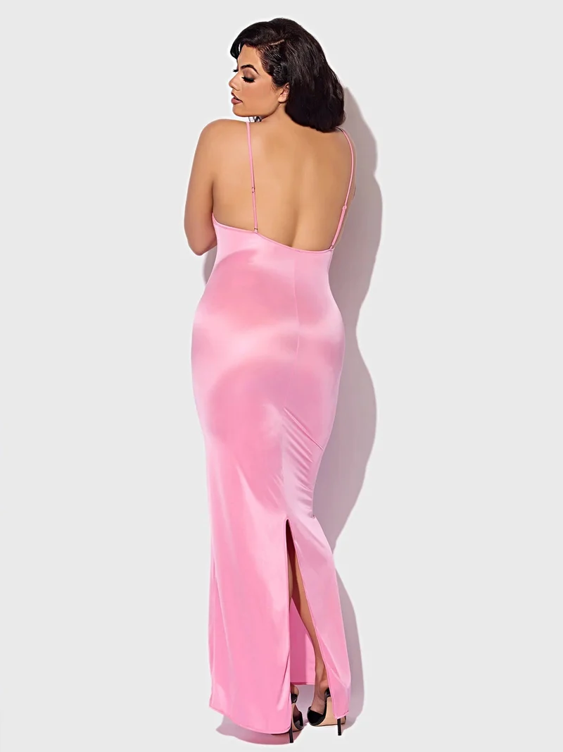 Zoe Oil Slick Damen-Maxikleid in Bodycon-Optik – tiefer Rückenausschnitt, Rückenschlitz, verstellbare Träger