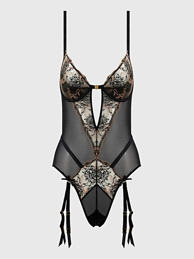 Delilah Teddy aus bestickter Spitze mit offenem Rücken, transparenten Bügel-Cups und Strumpfhaltern