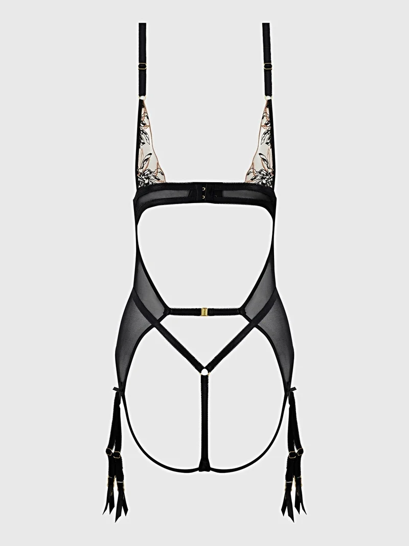 Delilah Teddy aus bestickter Spitze mit offenem Rücken, transparenten Bügel-Cups und Strumpfhaltern