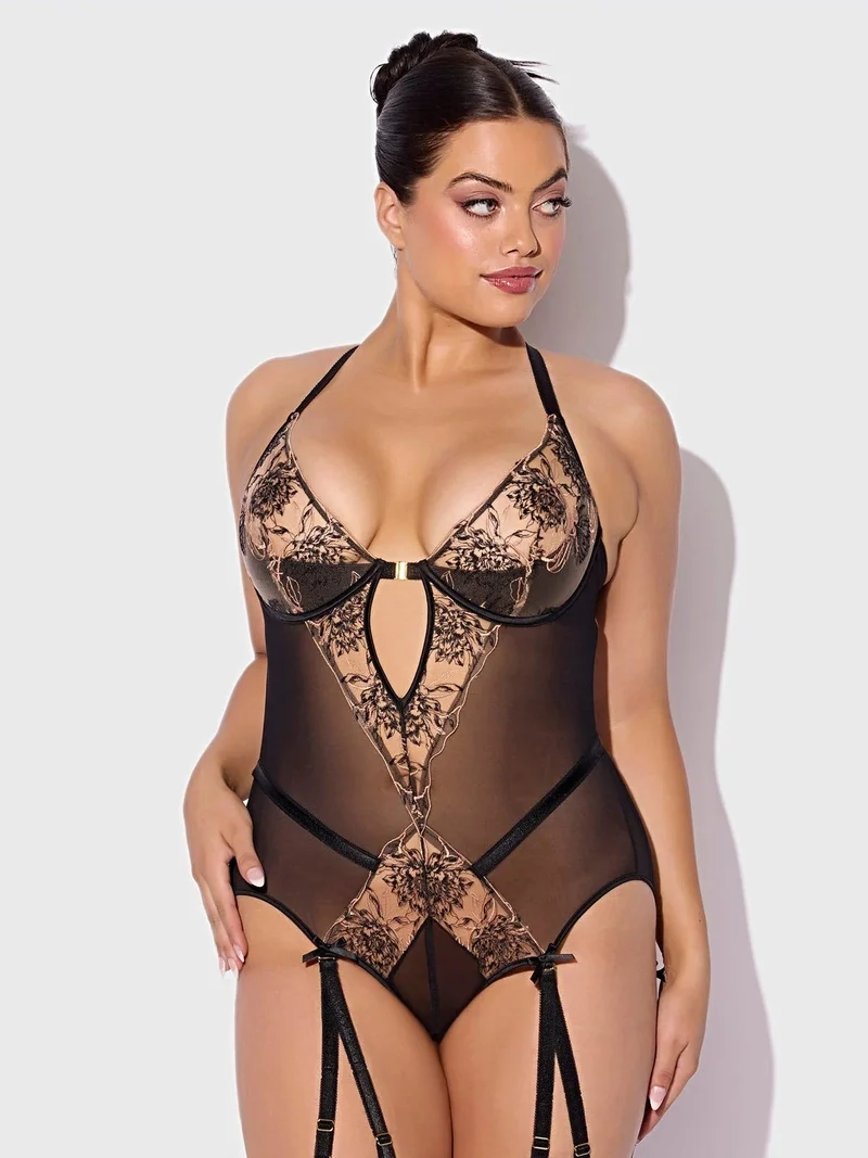 Delilah Teddy aus bestickter Spitze mit offenem Rücken, transparenten Bügel-Cups und Strumpfhaltern