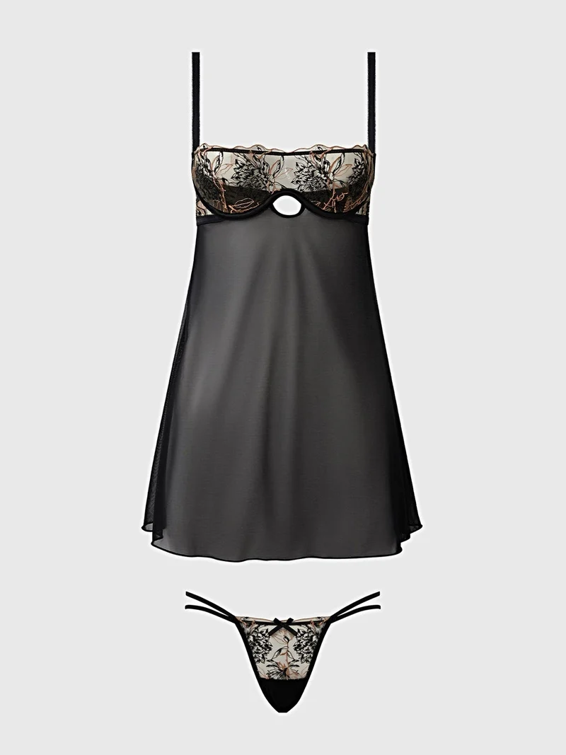 Delilah Babydoll-Dessous-Set mit Stickerei, transparentem Netzstoff, Bügel-Cups und G-String