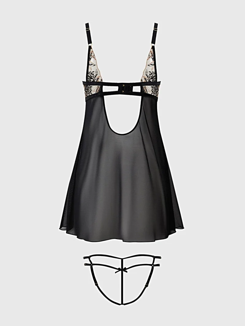 Delilah Babydoll-Dessous-Set mit Stickerei, transparentem Netzstoff, Bügel-Cups und G-String