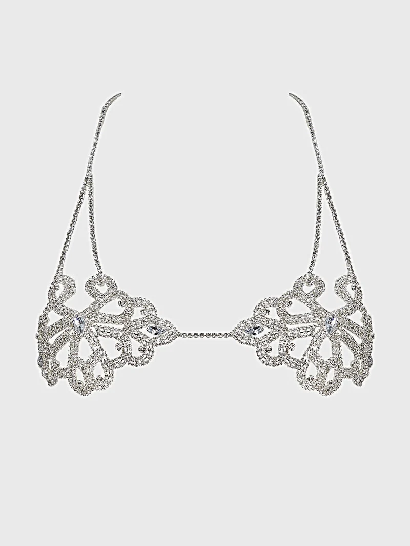 Strass-Bralette mit geschwungenen Knoten-Cups, verstellbaren Kettenträgern und dreidimensionalem Glitzer