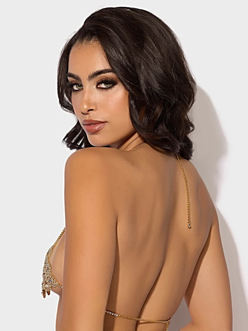 Strass-Bralette mit geschwungenen Knoten-Cups, verstellbaren Kettenträgern und dreidimensionalem Glitzer