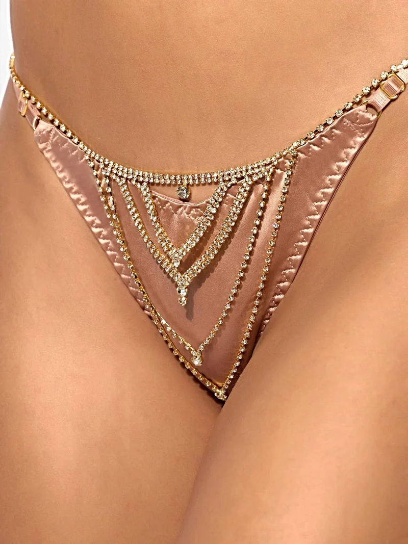 Strassbesetzter String-Tanga mit verstellbarer Kette, mehrlagigen V-Strängen und G-String-Design