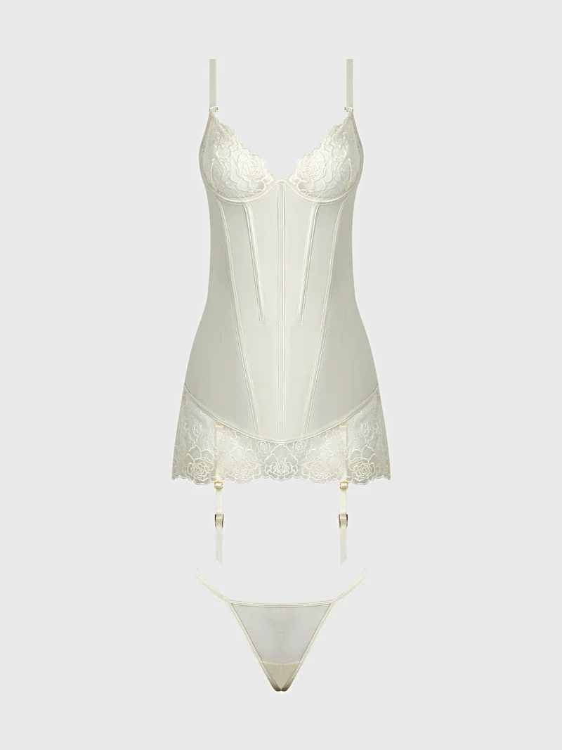 Rosalie Brautwäsche-Set – Satin-Spitzen-Negligé mit String, rückenfreies Design