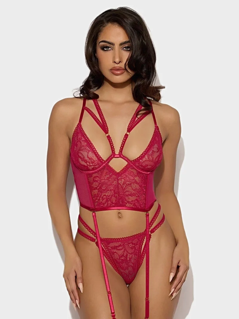 Bianca Spitzenbustier-Set mit offenen Cups, String-Tanga und abnehmbaren Strumpfhaltern