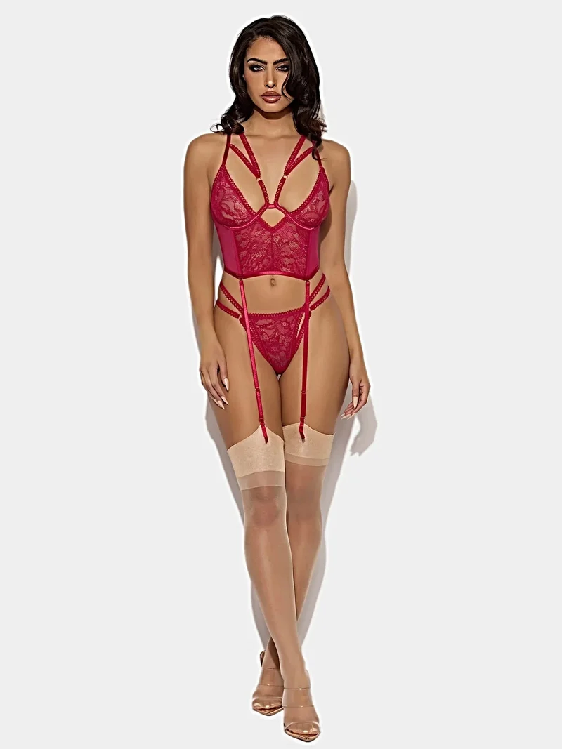 Bianca Spitzenbustier-Set mit offenen Cups, String-Tanga und abnehmbaren Strumpfhaltern