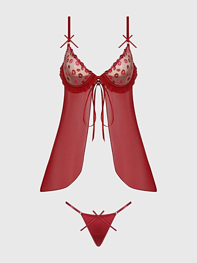 Angelina Lips besticktes Babydoll-Dessous-Set mit Bügel-Cups und Schleifen-G-String