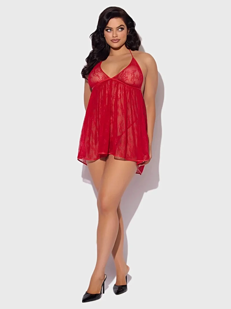 Kiki Babydoll-Dessous-Set aus Spitze mit Kunstleder, tiefem Neckholder-Ausschnitt und abnehmbaren Bändern
