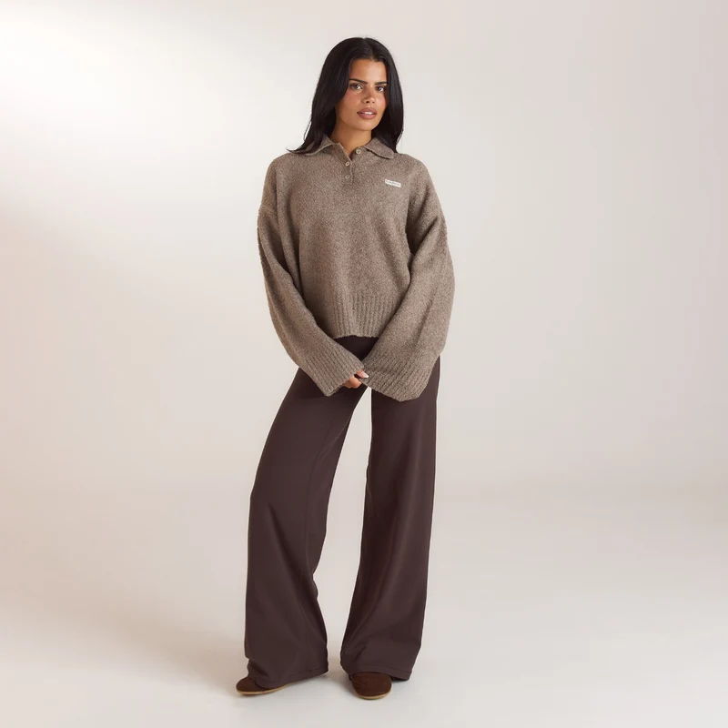 Bouclé-Strickpullover mit Polokragen - Taupe