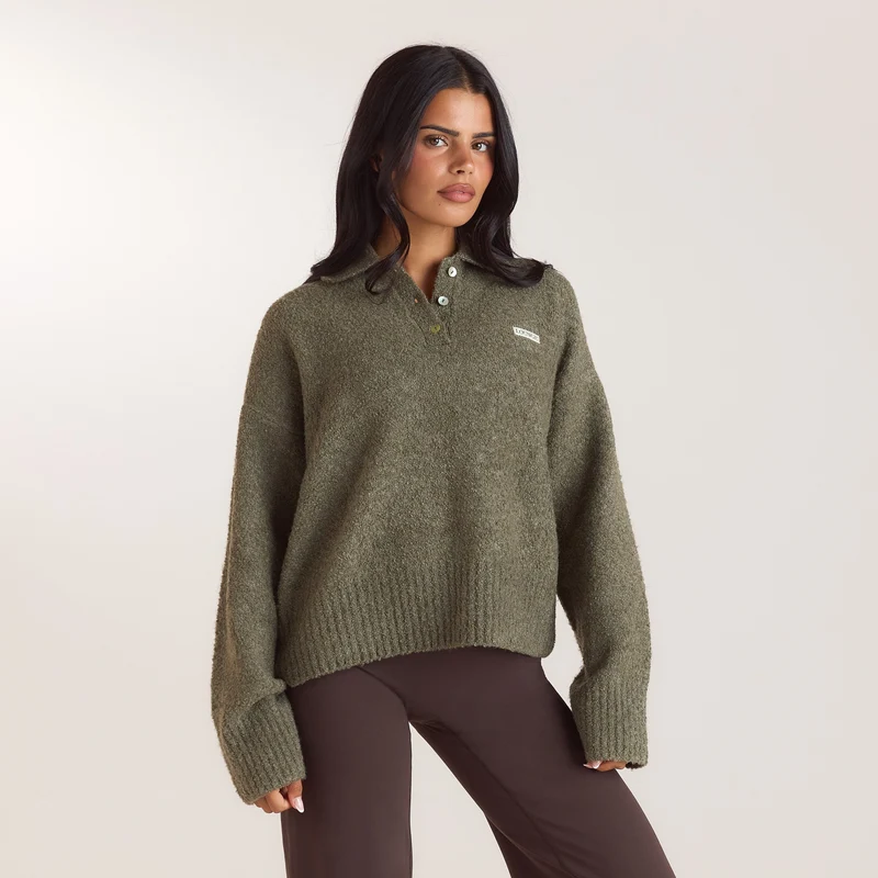 Bouclé-Strickpullover mit Polokragen - Khaki