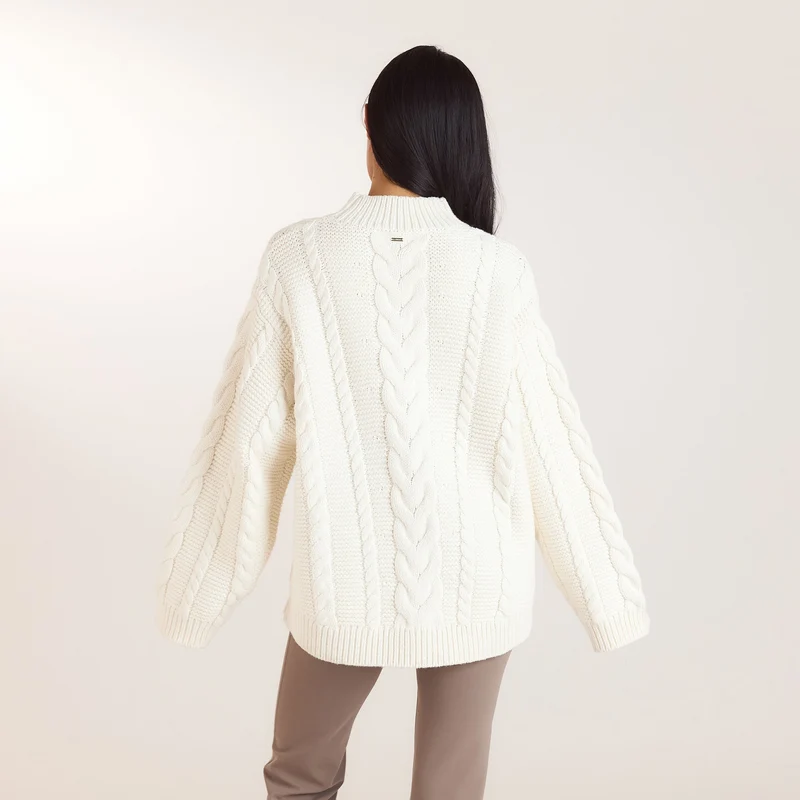 Oversized-Strickpullover mit Zopfmuster - Crèmefarbe
