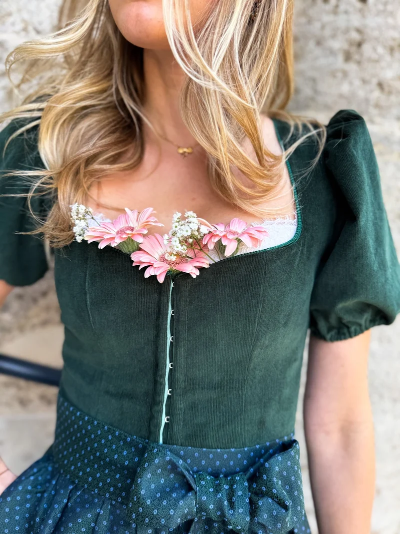 CORD DIRNDL FLARE FLOWERS TANNENGRÜN/ BLAU