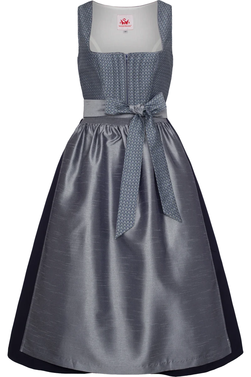 Langes Jacquarddirndl mit Taftschürze - blau