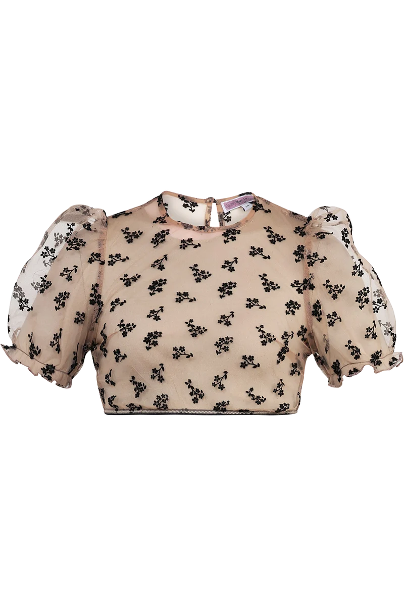 Transparente Dirndlbluse aus Tüll mit Samtblüten - nude schwarz