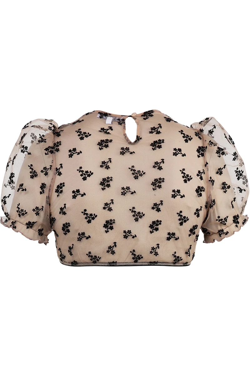Transparente Dirndlbluse aus Tüll mit Samtblüten - nude schwarz
