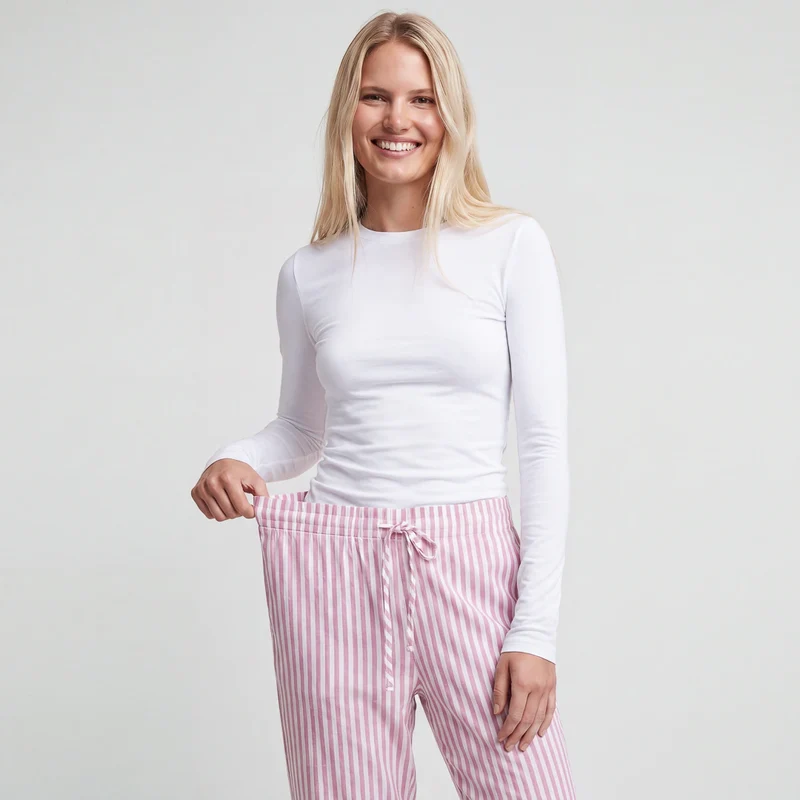 Schlafanzug Set Gestreift Damen lang | Coral Pink/Weiß