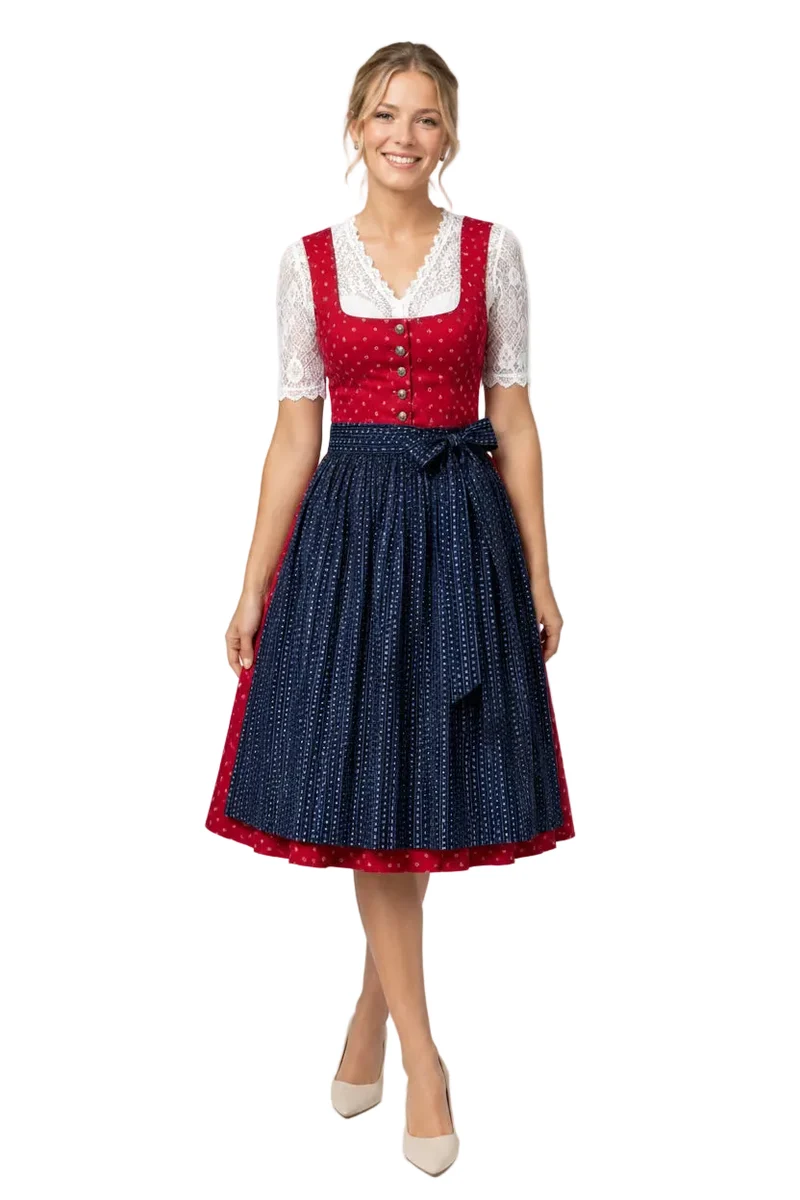 Dirndl aus Blümchendruck mit Streifenschürze