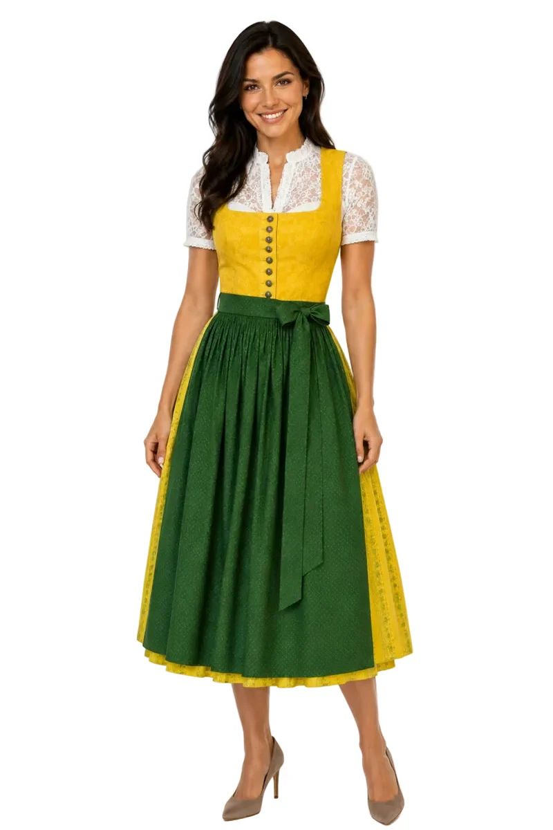 Traditionelles gelb-grünes Dirndlkleid mit Leinen