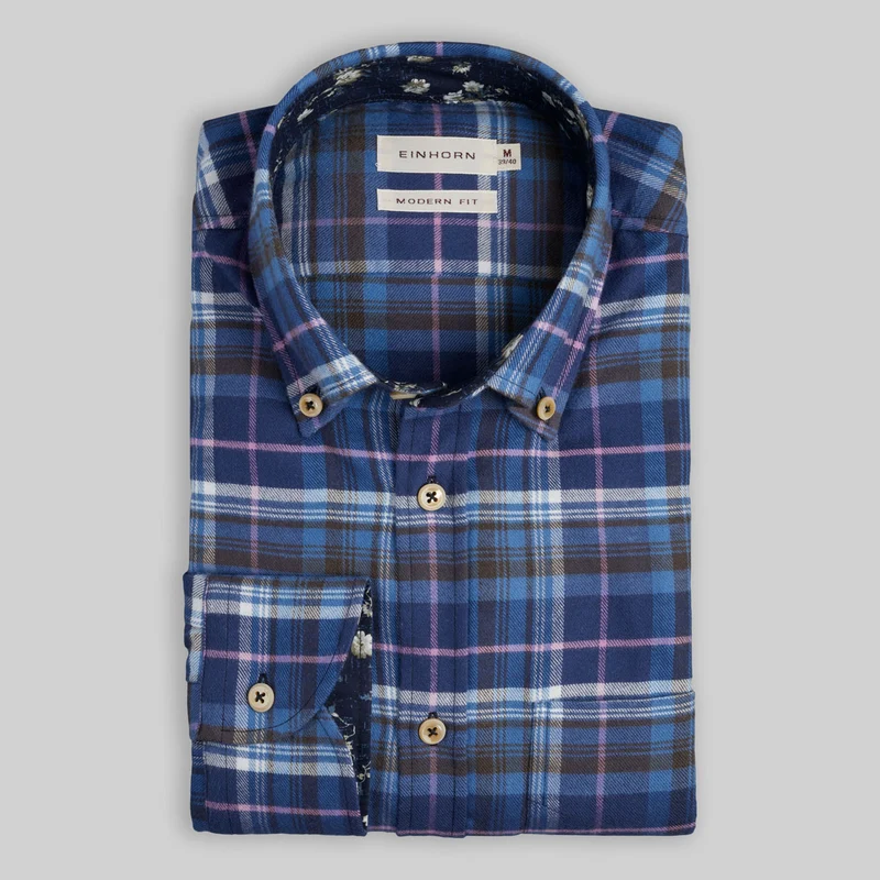 Modern Fit Flanellhemd Blau Karo mit Kontrast Kragen und Button Down
