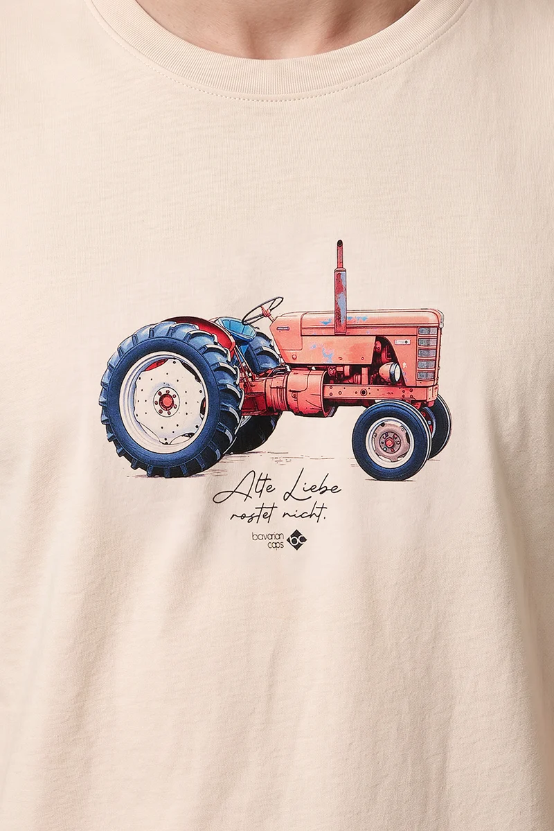 Herren Trachtenshirt mit notalgischem Traktor-Motiv - altweiß