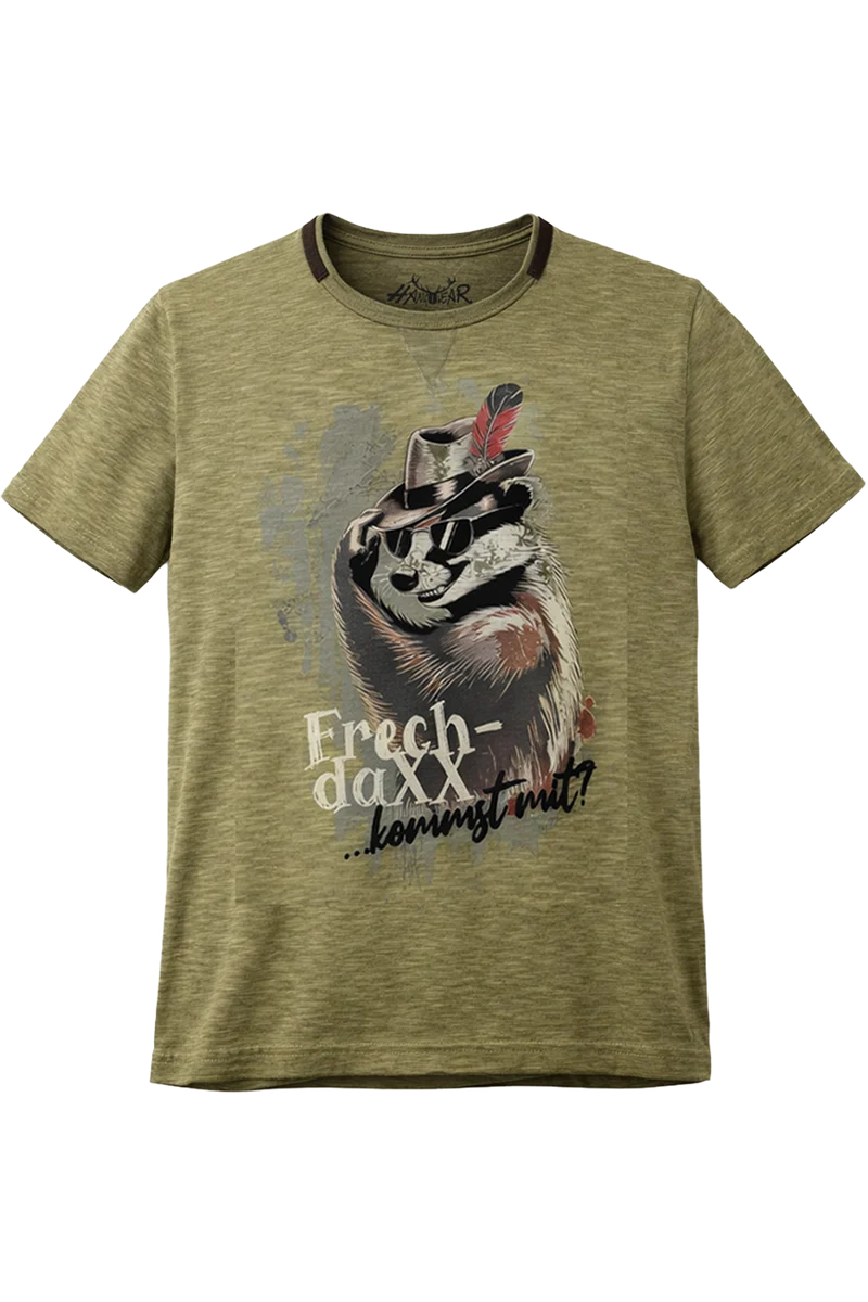 Kinder Trachtenshirt mit frechem Dachs-Motiv - oliv