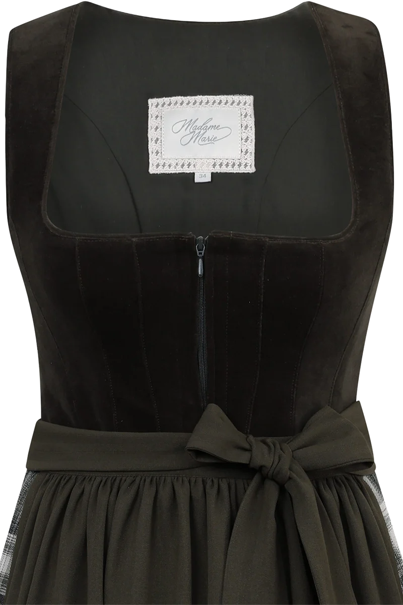 Langes Samtdirndl mit kariertem Rock und Unterrock - tanne