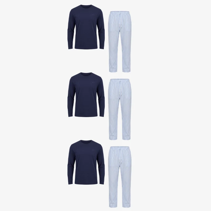 Schlafanzug Set Gestreift Herren Lang | Blue Breeze/Weiß