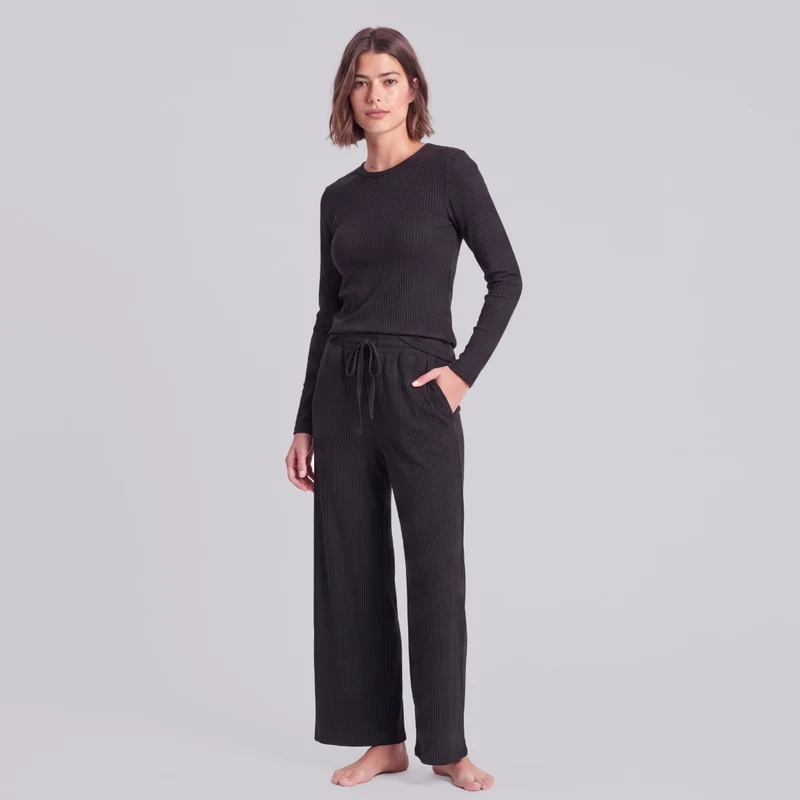 Loungehose Damen Rippstruktur | Schwarz