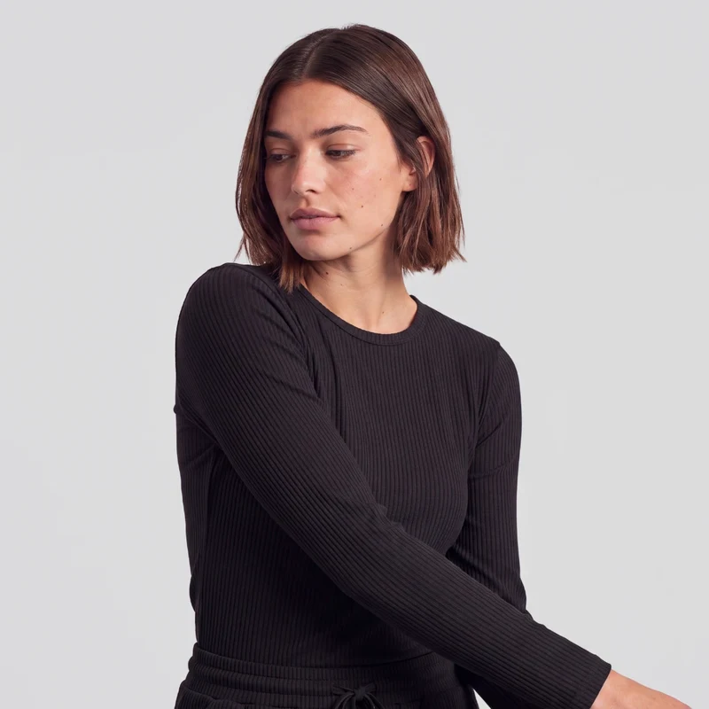 Langarmshirt Damen Rippstruktur | Schwarz