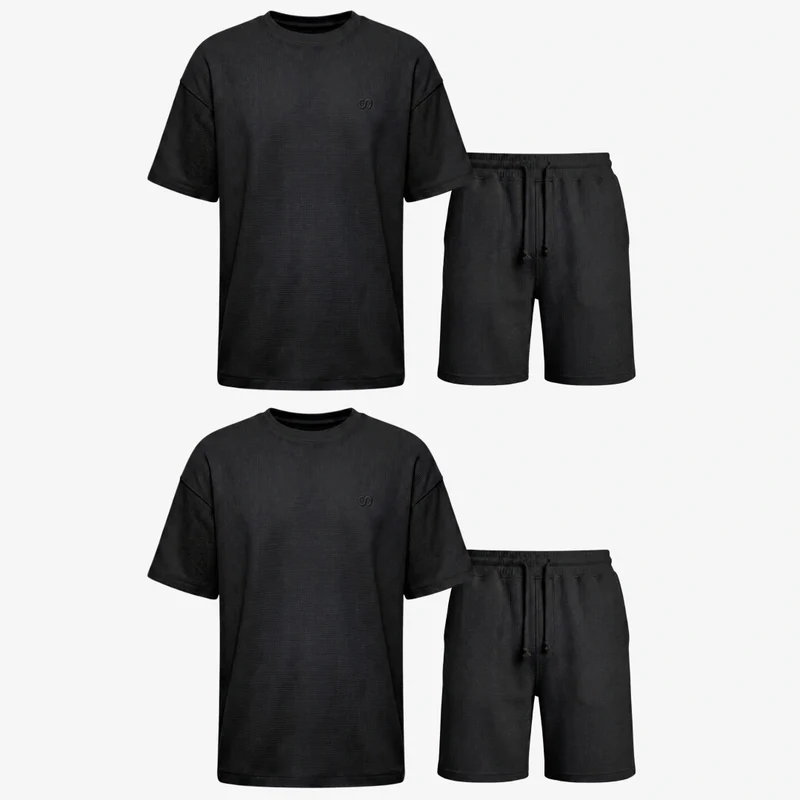 Schlafanzug Set Waffle Herren kurz | Schwarz