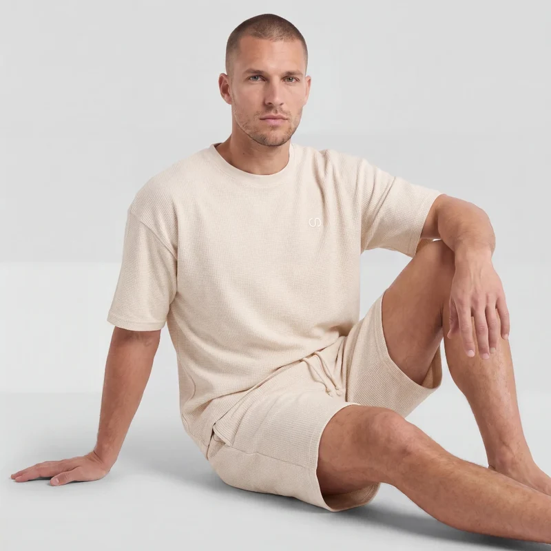 Schlafanzug Set Waffle Herren kurz | Beige