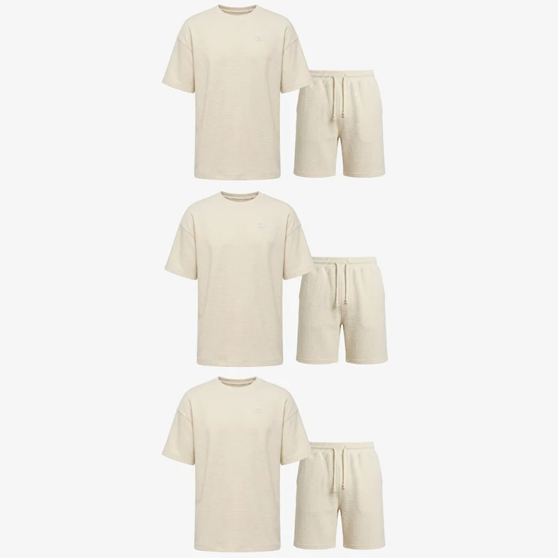 Schlafanzug Set Waffle Herren kurz | Beige