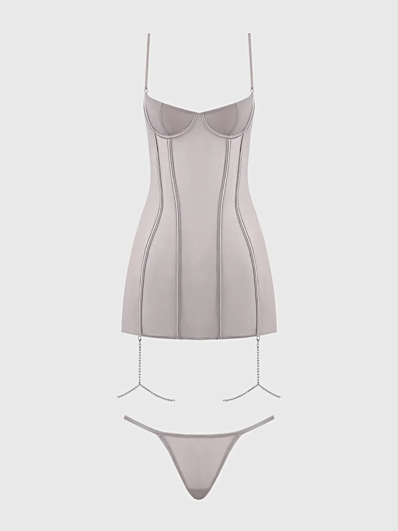 Presley Strass-Negligé-Set mit schimmerndem Netzstoff, Bügel-Cups und G-String