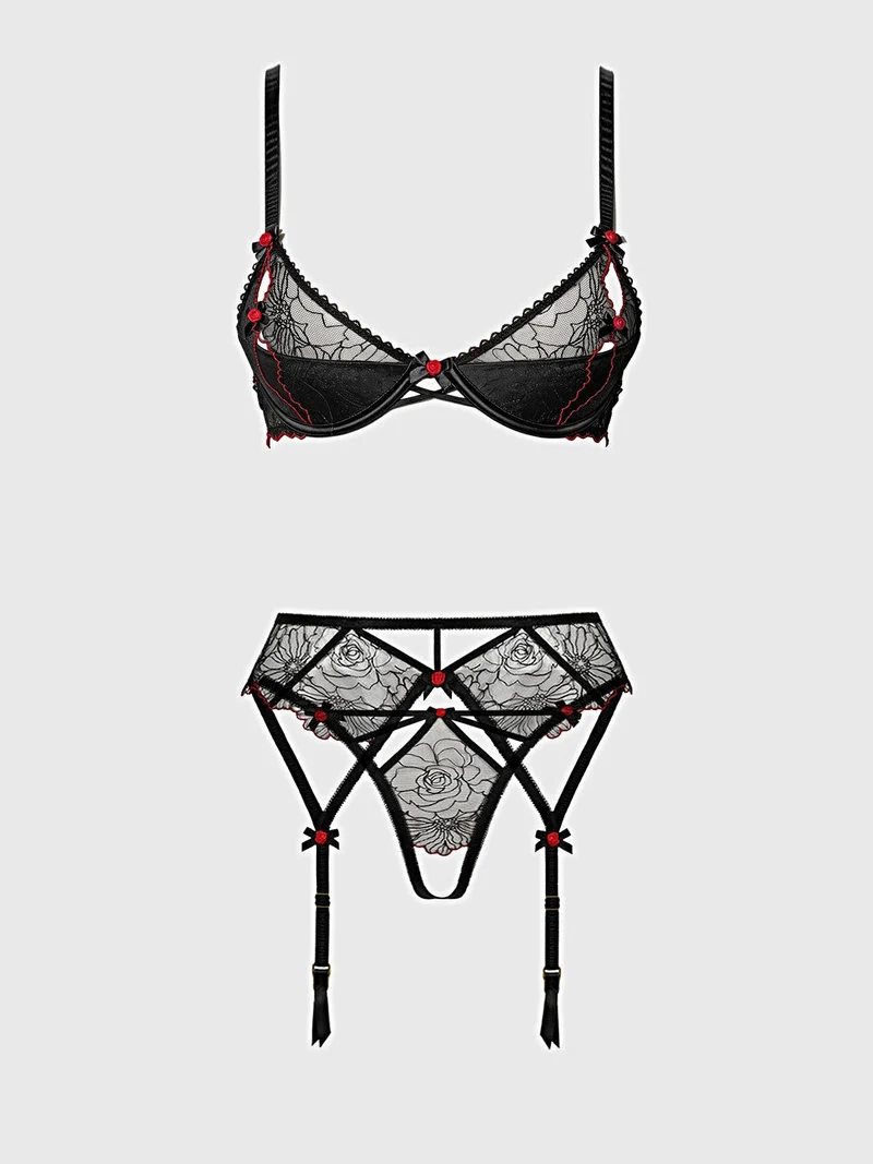 Ilena besticktes Dessous-Set: Transparenter Bügel-BH, Strumpfhalter und Bikini mit offenem Schritt