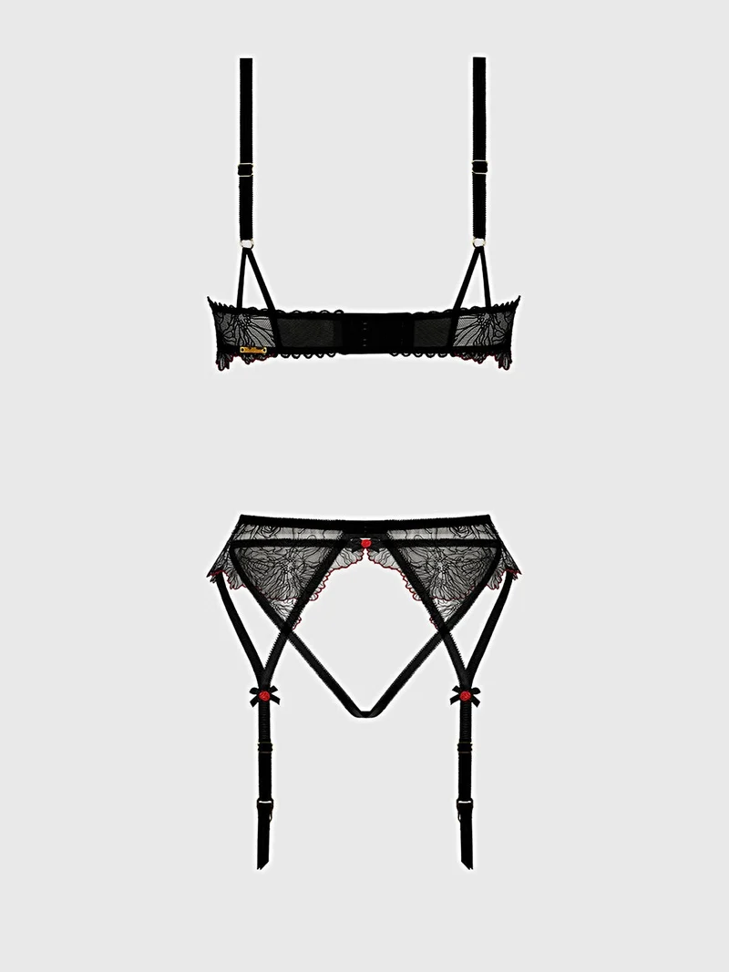 Ilena besticktes Dessous-Set: Transparenter Bügel-BH, Strumpfhalter und Bikini mit offenem Schritt