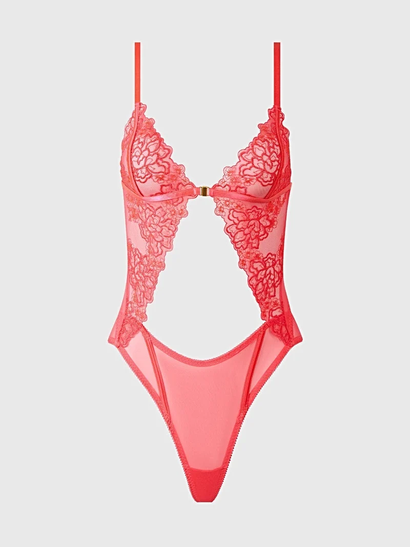 Eden bestickter Spitzen-Teddy – Bügellose Satin-Dessous mit Blumenmuster und transparenten Ausschnitten