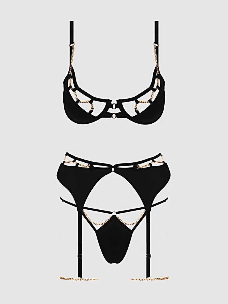 Evangeline Satin Chain Push-Up BH-Strumpfband-Set mit String und Oberschenkelriemen