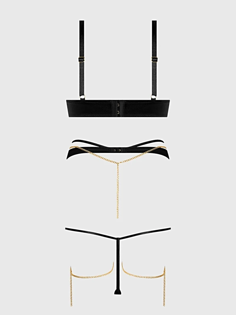 Evangeline Satin Chain Push-Up BH-Strumpfband-Set mit String und Oberschenkelriemen