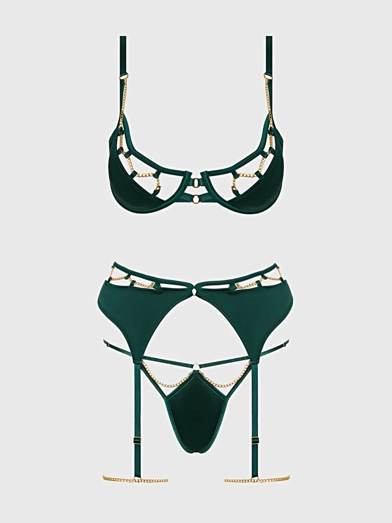 Evangeline Satin Chain Push-Up BH-Strumpfband-Set mit String und Oberschenkelriemen