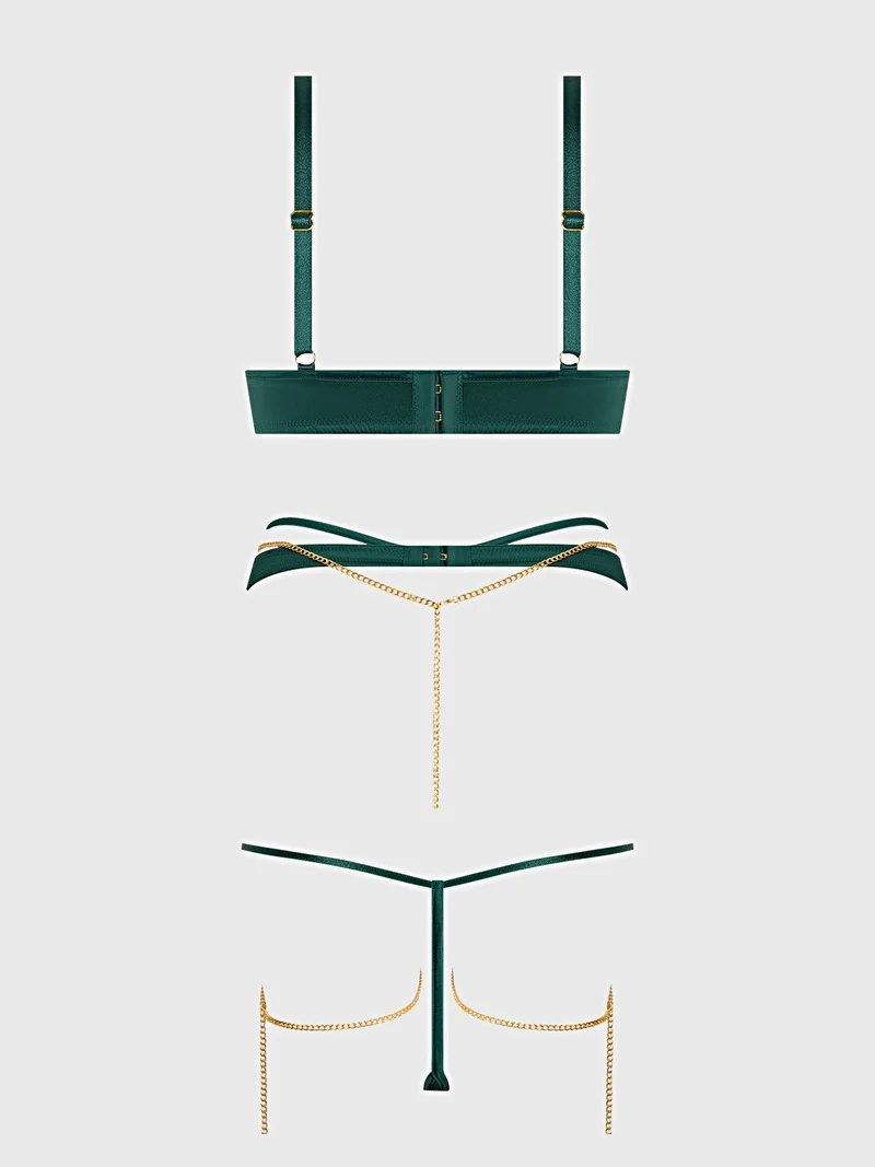Evangeline Satin Chain Push-Up BH-Strumpfband-Set mit String und Oberschenkelriemen
