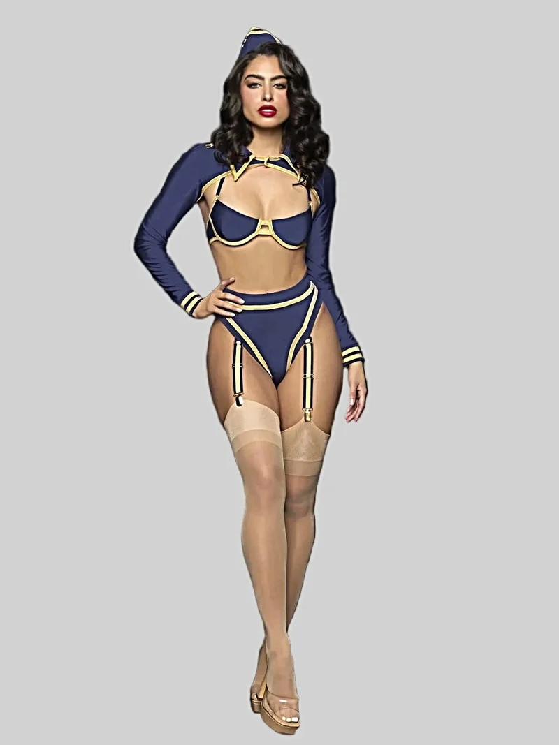 Sexy Pilotinnen-Kostüm: BH-Top, hochgeschnittener Slip, Bolero, Hut & Strumpfband-Set mit Flügelnadel