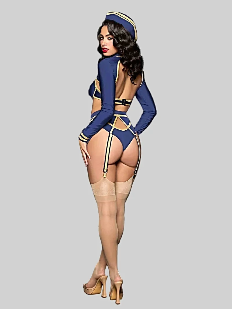 Sexy Pilotinnen-Kostüm: BH-Top, hochgeschnittener Slip, Bolero, Hut & Strumpfband-Set mit Flügelnadel