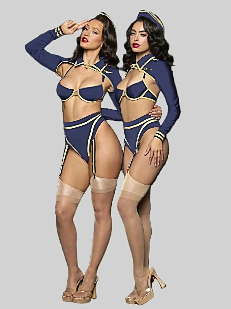 Sexy Pilotinnen-Kostüm: BH-Top, hochgeschnittener Slip, Bolero, Hut & Strumpfband-Set mit Flügelnadel