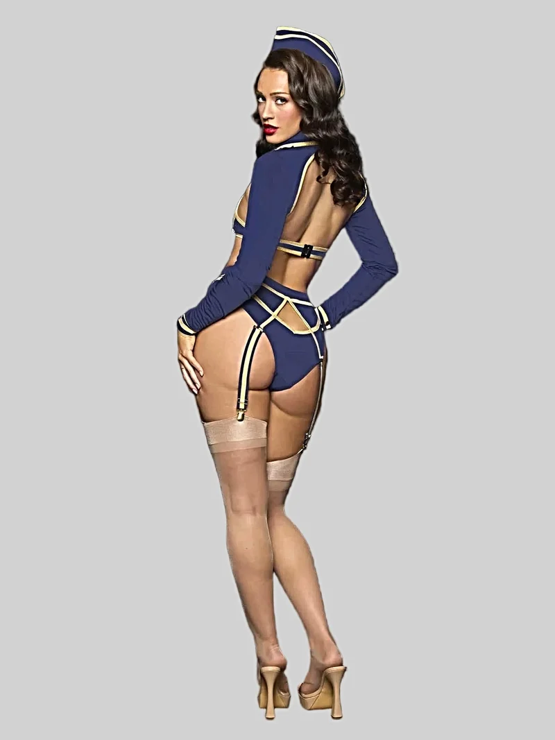 Sexy Pilotinnen-Kostüm: BH-Top, hochgeschnittener Slip, Bolero, Hut & Strumpfband-Set mit Flügelnadel