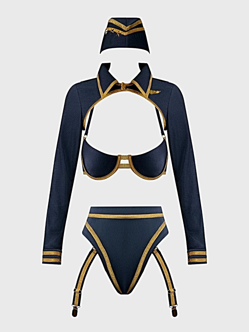 Sexy Pilotinnen-Kostüm: BH-Top, hochgeschnittener Slip, Bolero, Hut & Strumpfband-Set mit Flügelnadel