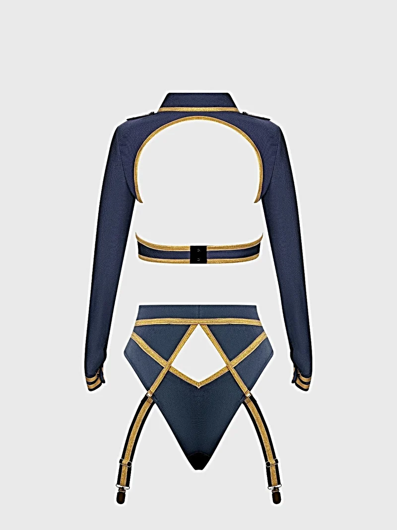 Sexy Pilotinnen-Kostüm: BH-Top, hochgeschnittener Slip, Bolero, Hut & Strumpfband-Set mit Flügelnadel