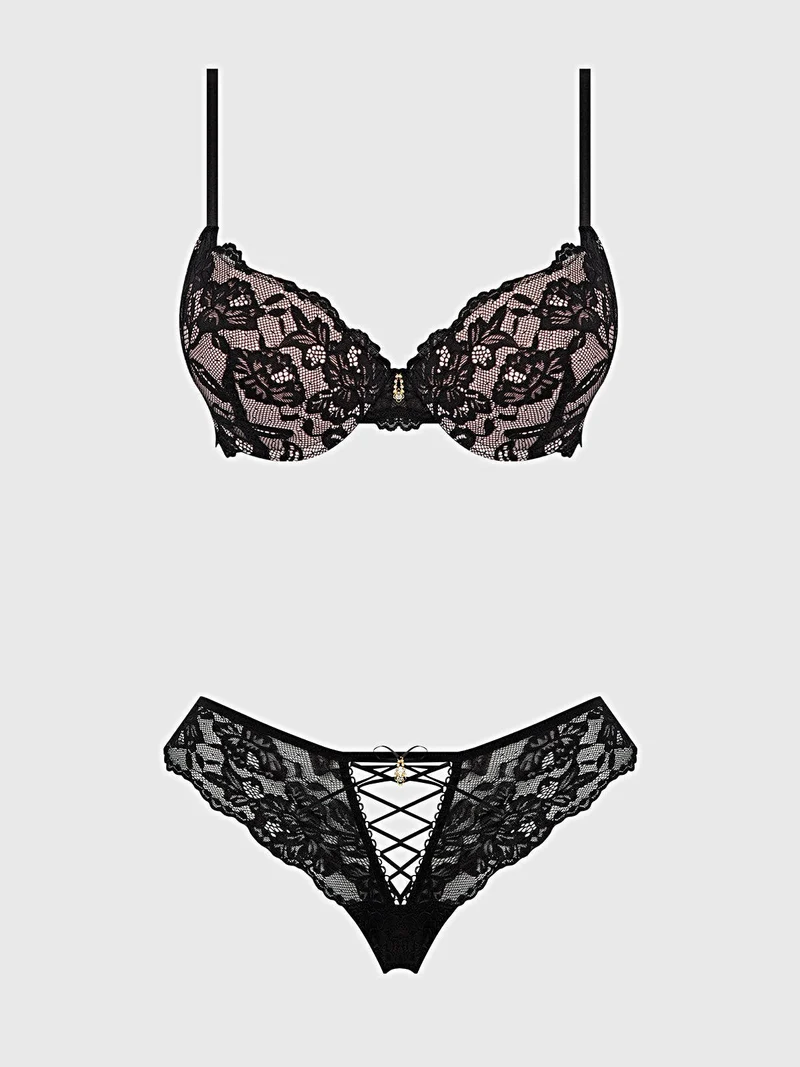 Savannah Spitzen-BH-Set mit tiefem Ausschnitt, Push-up-Demi-BH und elastischem Schnür-Tanga