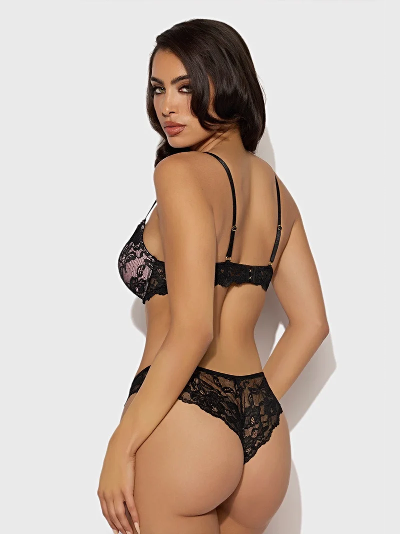Savannah Spitzen-BH-Set mit tiefem Ausschnitt, Push-up-Demi-BH und elastischem Schnür-Tanga